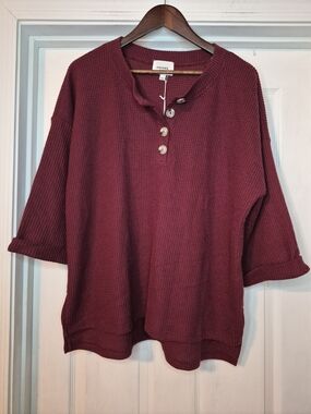 Andree By Unit Burgundy Waffle Knit Henley Top XL NWT